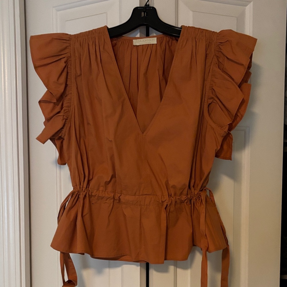Ulla Johnson Iyla Ruffled V-Neck Blouse in Burnt Orange